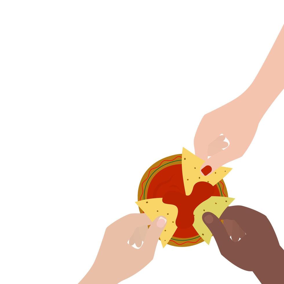 Male and female hands of different nationalities dipping nachos into a bowl of sauce. Copy space. Isolated illustration Themes cards, greeting, posters, banner, social media or web promos idea vector