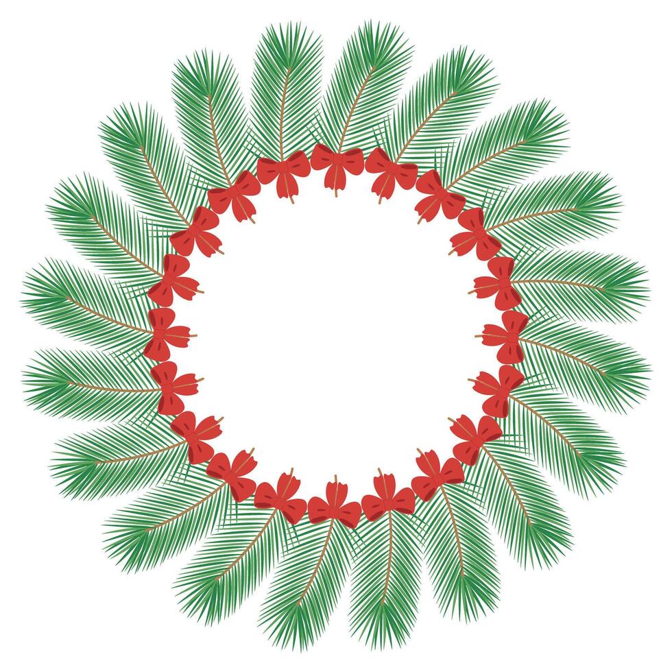 Pine twigs with ribbon bow Abstract Circle Christmas and New Year Frame border with copy space. Isolated illustration Thematic cards, greeting or invitation, poster, flyer, banner or web, promo vector