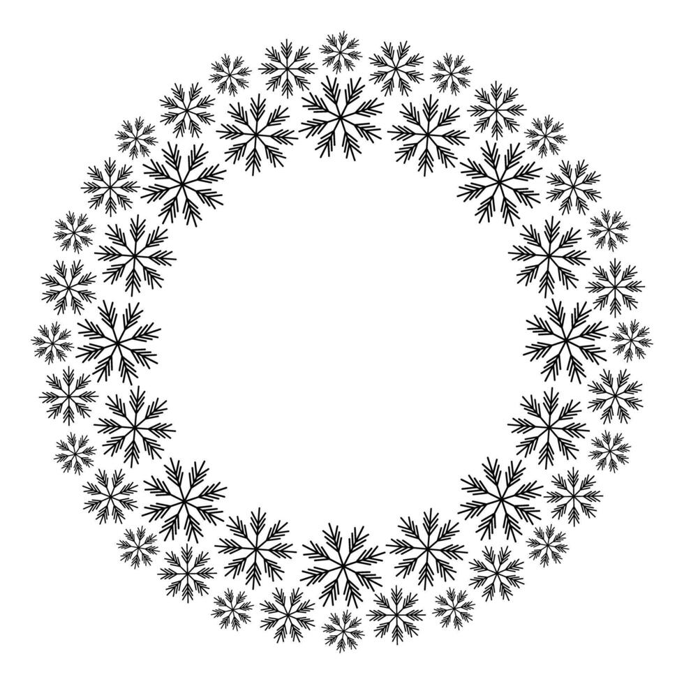 Different scale snowflakes Round frame border. Black and white frame with copy space. Greetings idea. Isolated Outline illustration Cards, posters, banners, tag, label or web, promo design idea vector