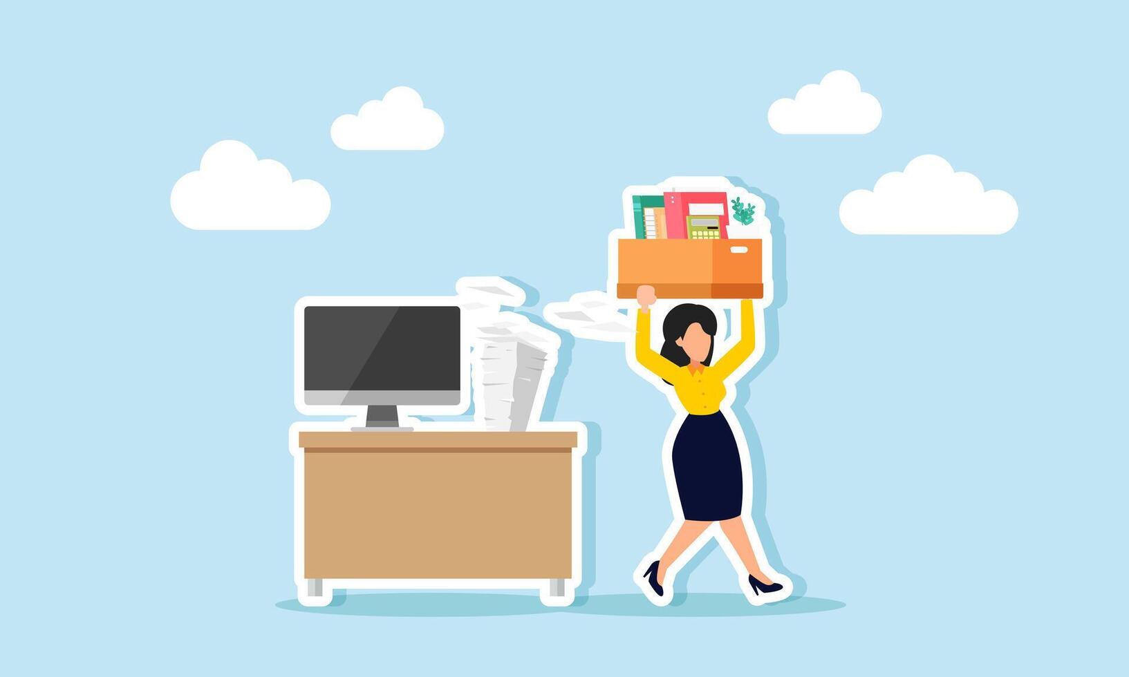 An employee carrying an office box walking away from a desk, illustrating an employee resigning from their job. vector