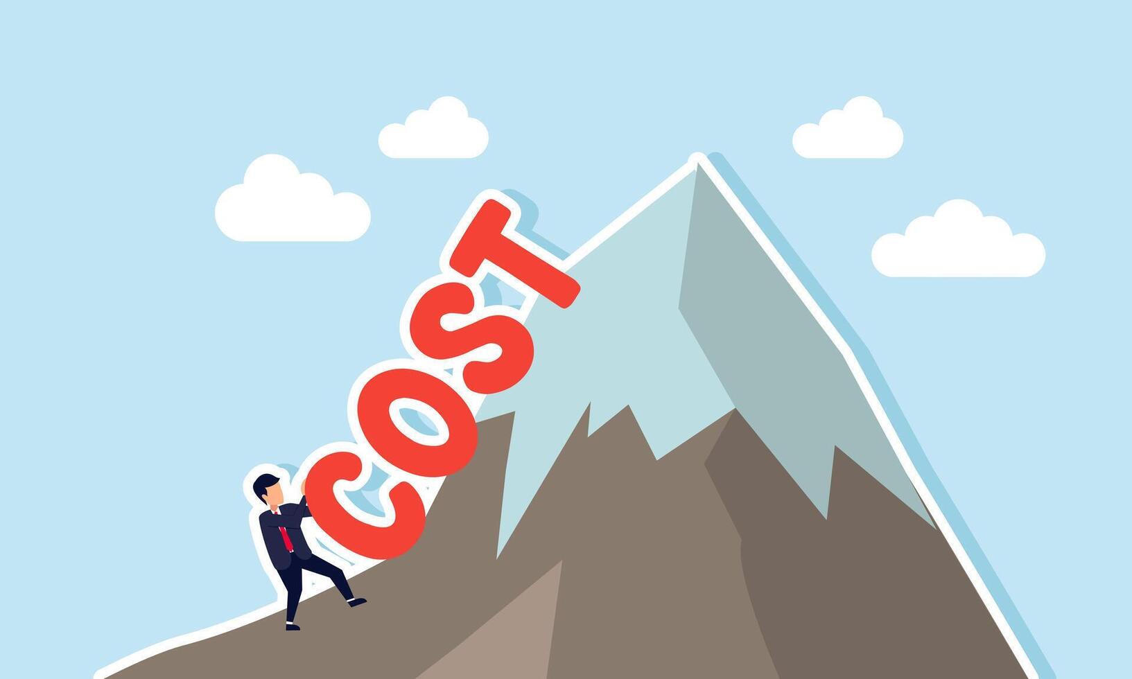 A businessman pushing the word COST to the mountain peak, an illustration of driving costs to allocate more budget for a project division vector