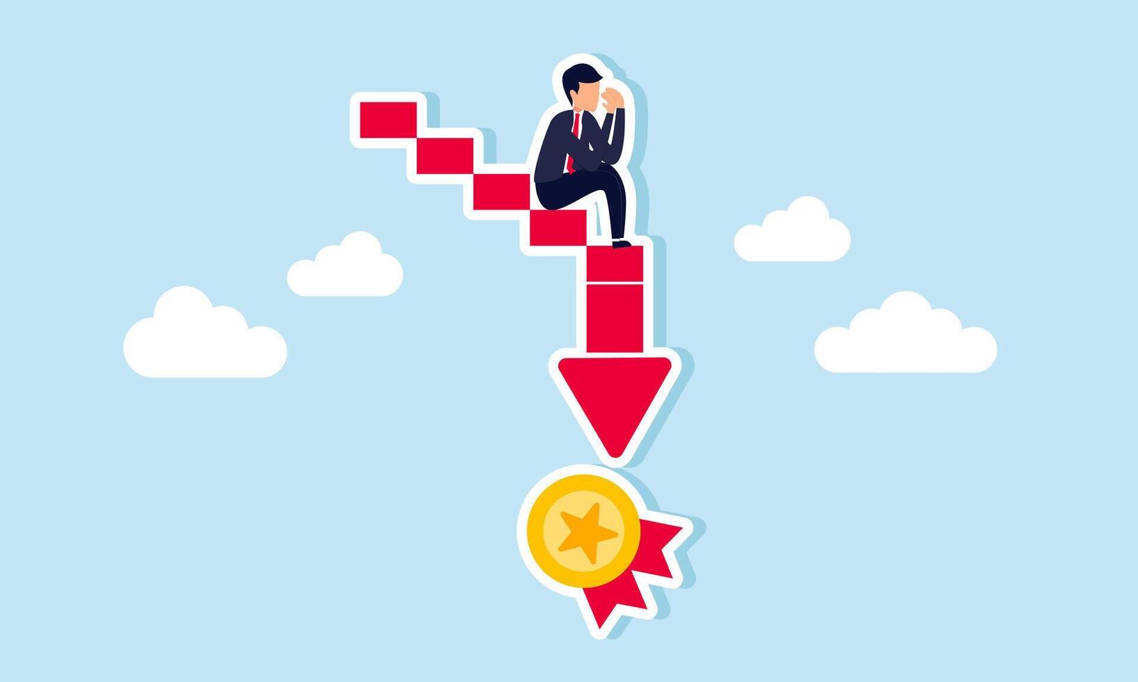 A sad and disappointed businessman sitting on a downward red graph pointing to an award medal, illustrating how business losses lead to declining performance. vector