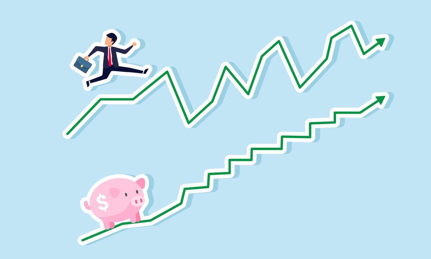 A businessman moving on a fluctuating graph while a piggy bank moves on a relatively flat graph, illustrating the difference in business and investment dynamics vector