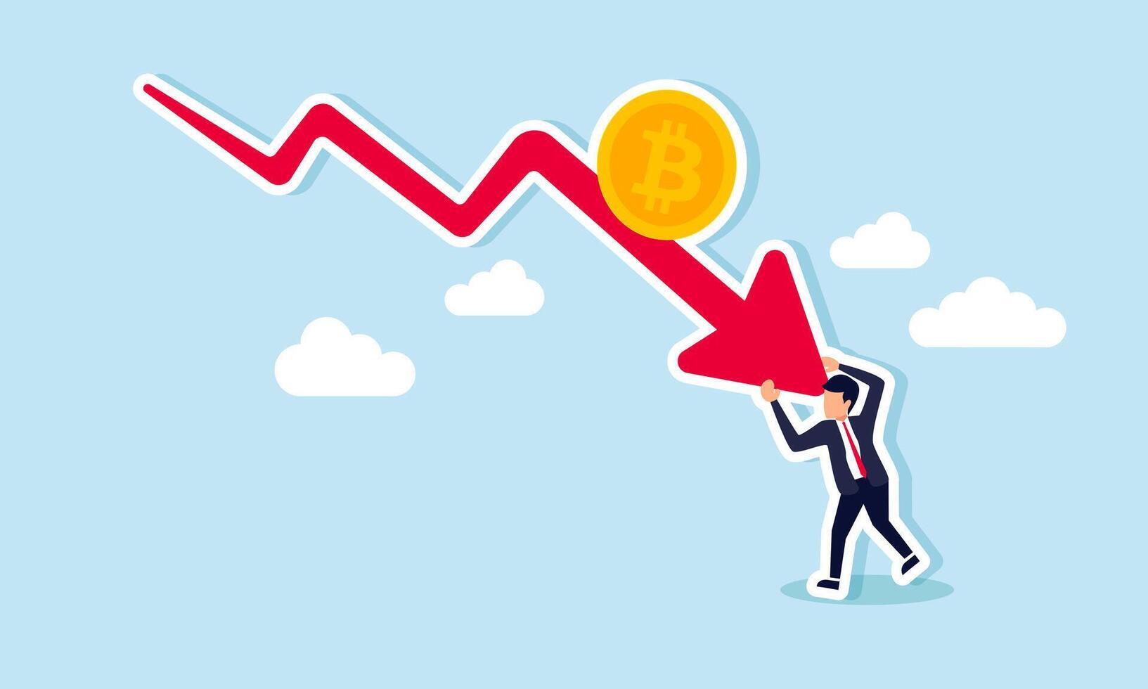 A businessman holding back a red arrow with a bitcoin, illustrating the saturation point of bitcoin valuation or efforts to prevent the bitcoin trend from becoming too negative. vector