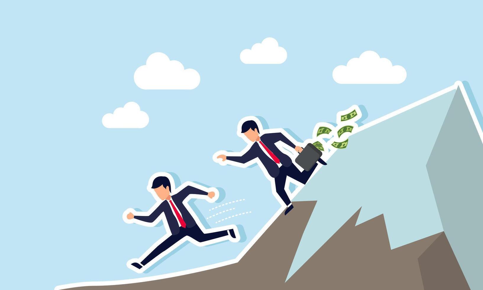 A businessman carrying a suitcase full of money chasing another businessman down a mountain, illustrating evasion from corruption or bribery cases to secure a project. vector
