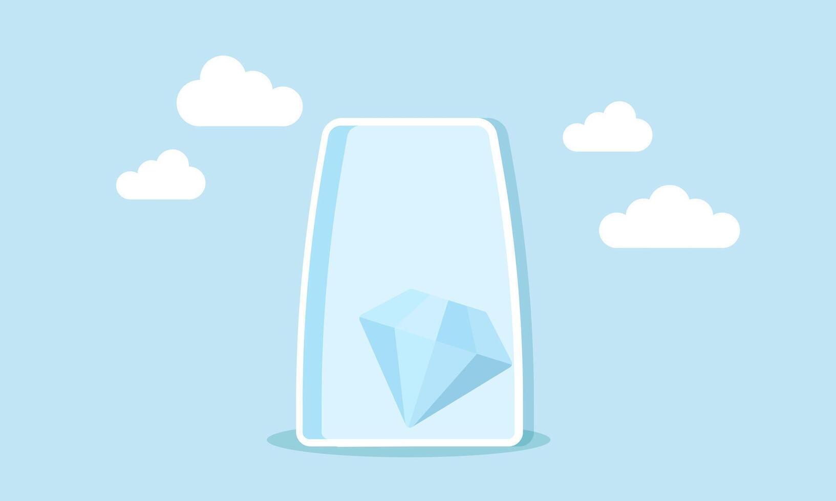 A diamond trapped inside a glass, an illustration of a brilliant business idea being saved or a valuable asset reserved for future use when needed. vector