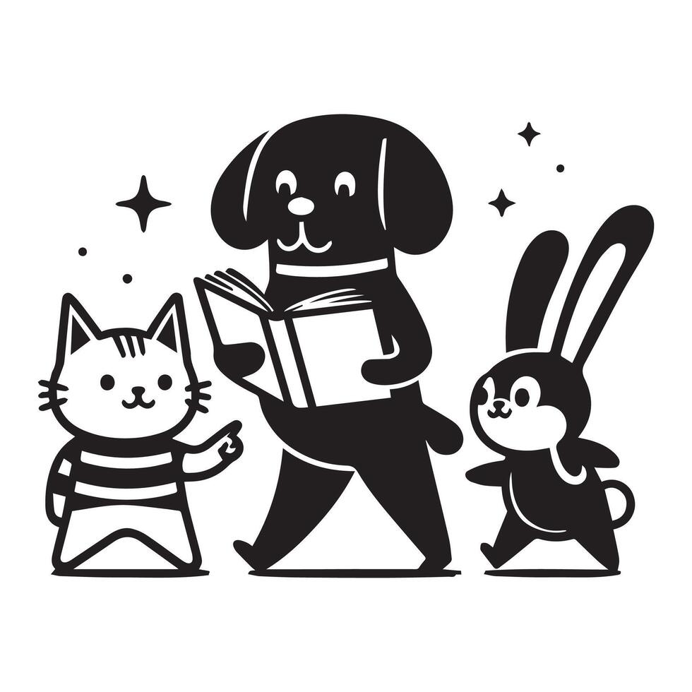 A black and white illustration featuring three animal, cat, dog, rabbit, walking, with one of them pointing at a book. Flat design, minimalist, cute vector