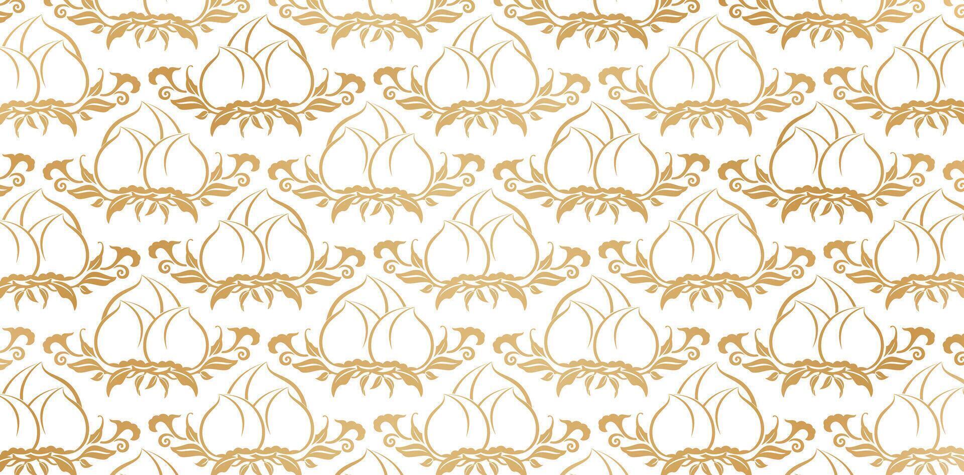 Seamless pattern peach fruit floral designs golden colors isolated white backgrounds for Elegant luxury texture wallpapers, backgrounds and page fill, surface textures, books cover, fabrics printing vector