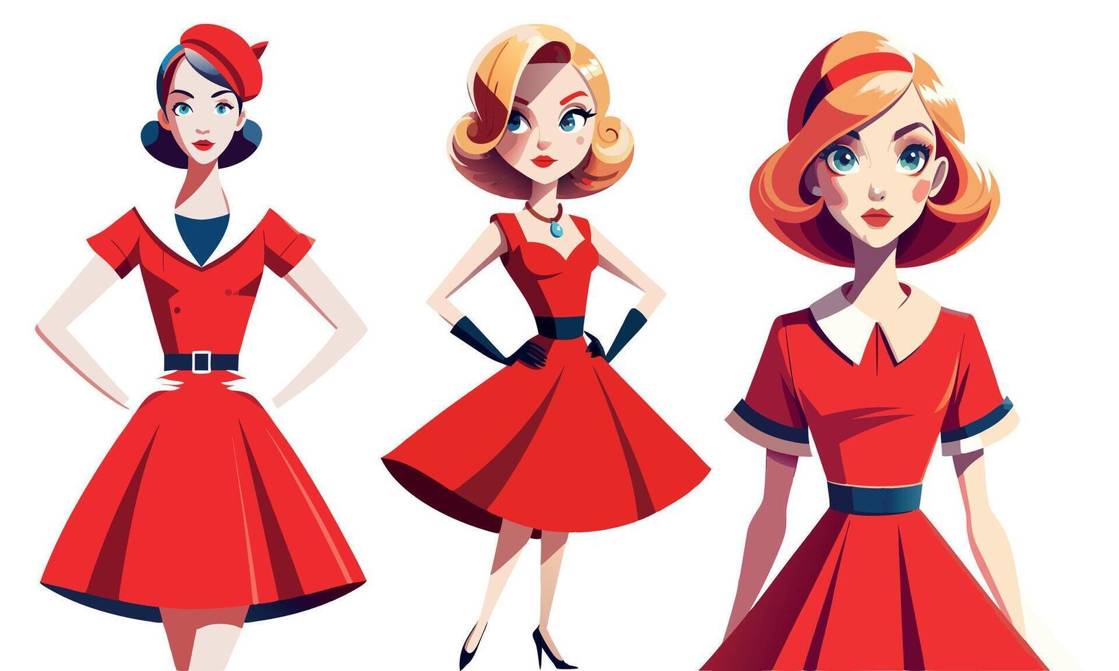 Four different styles of women in red dresses vector