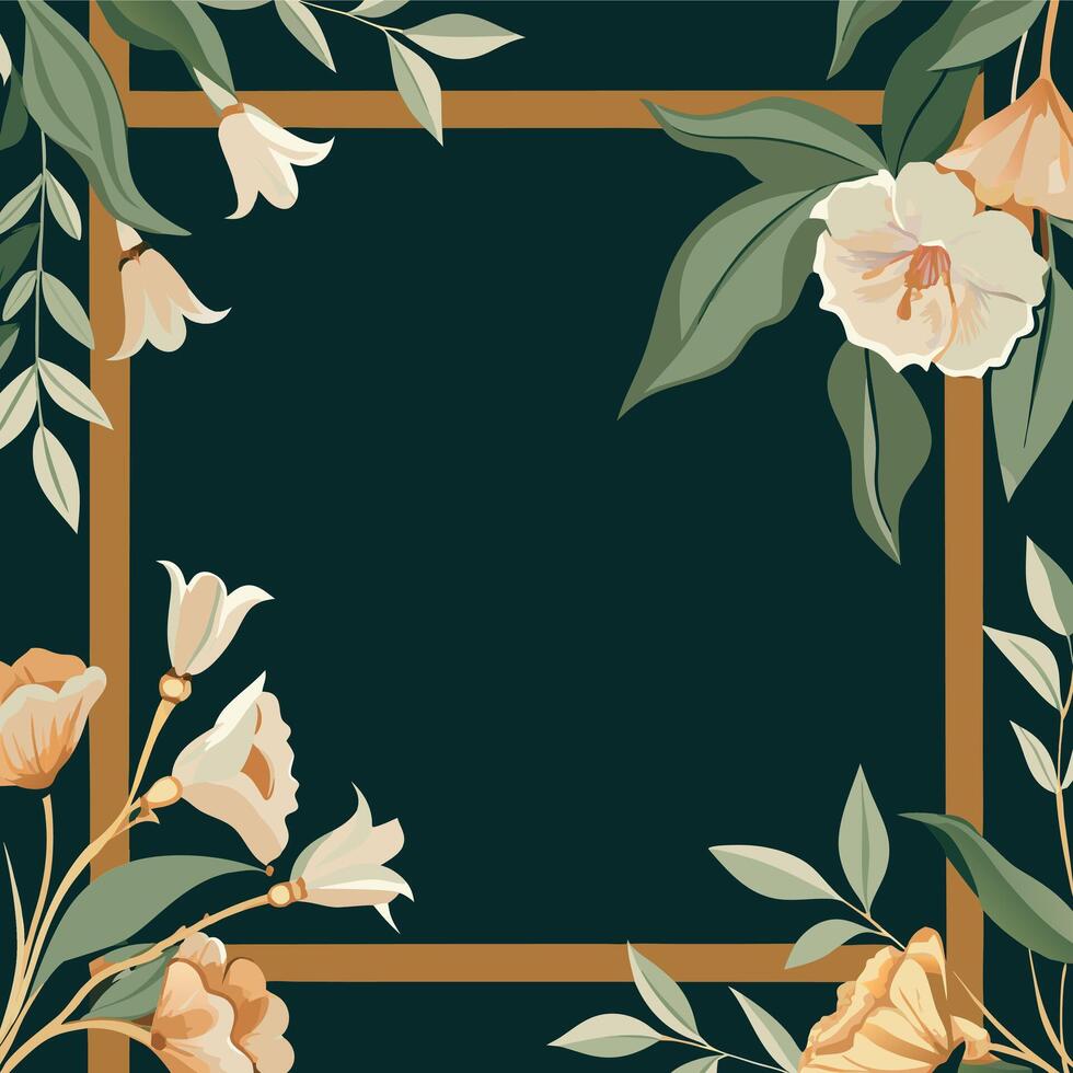 Floral frame with green leaves and flowers on a dark background vector