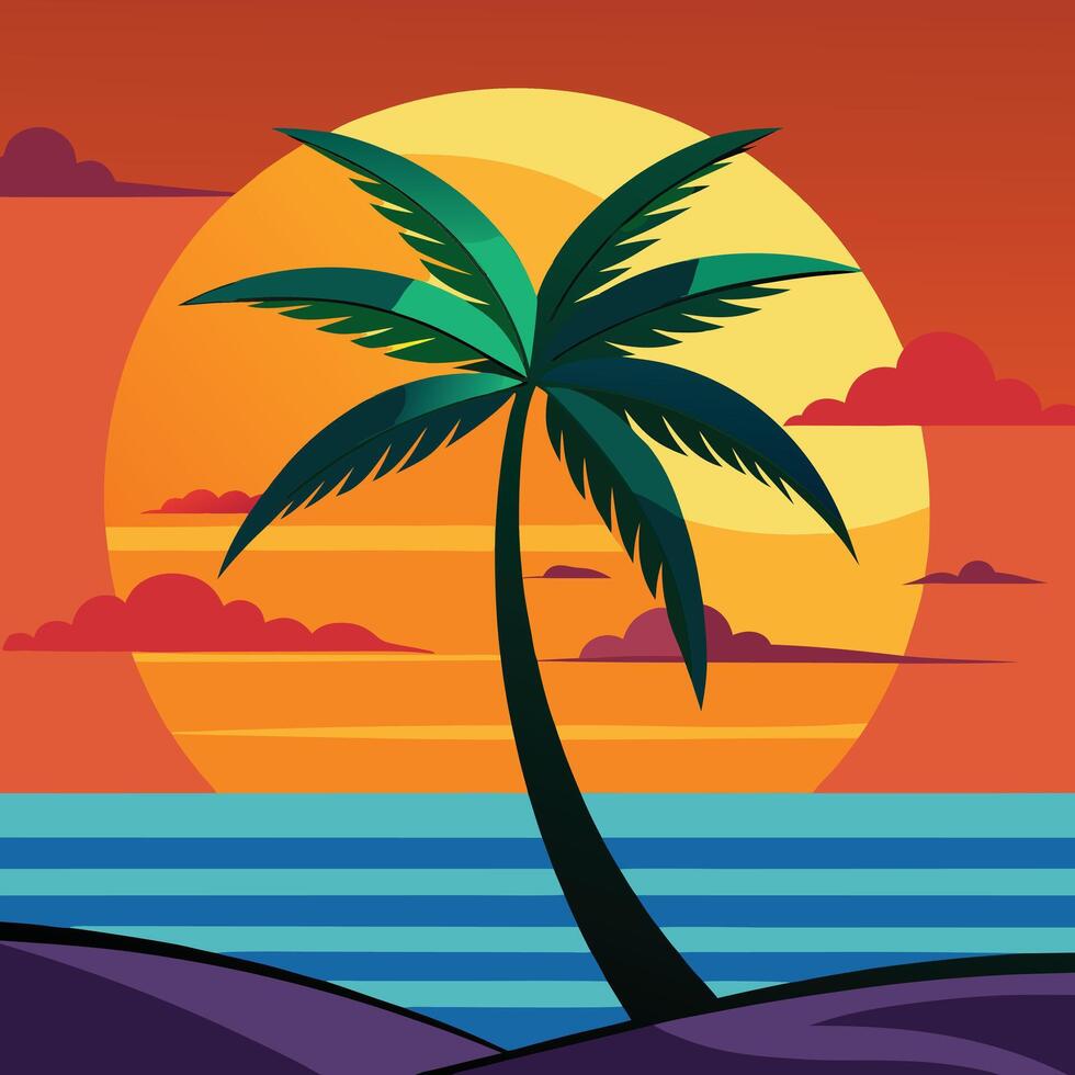Sea beach sunset with palm tree silhouette design. vector