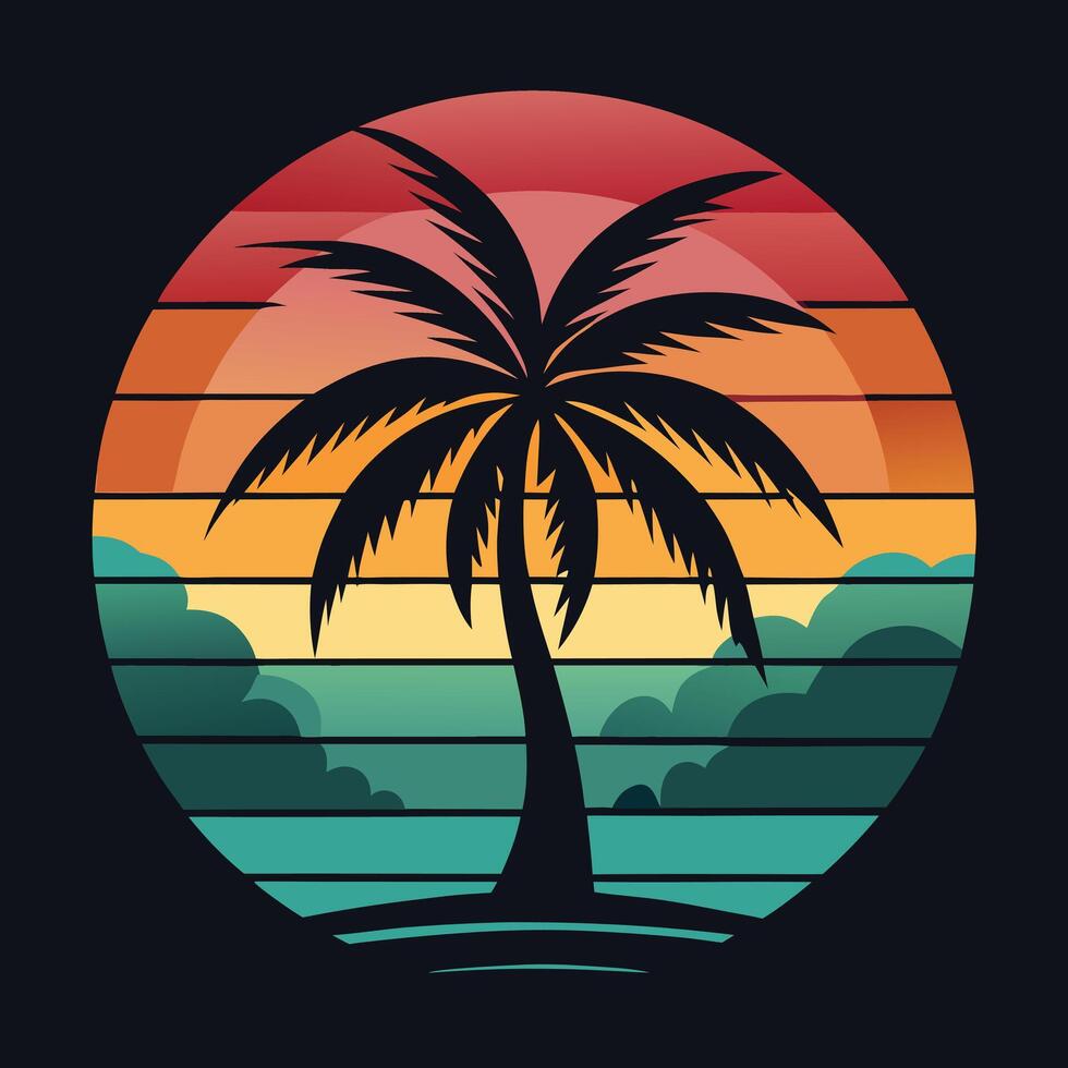 Sunset with coconut tree black silhouette illustration art vector