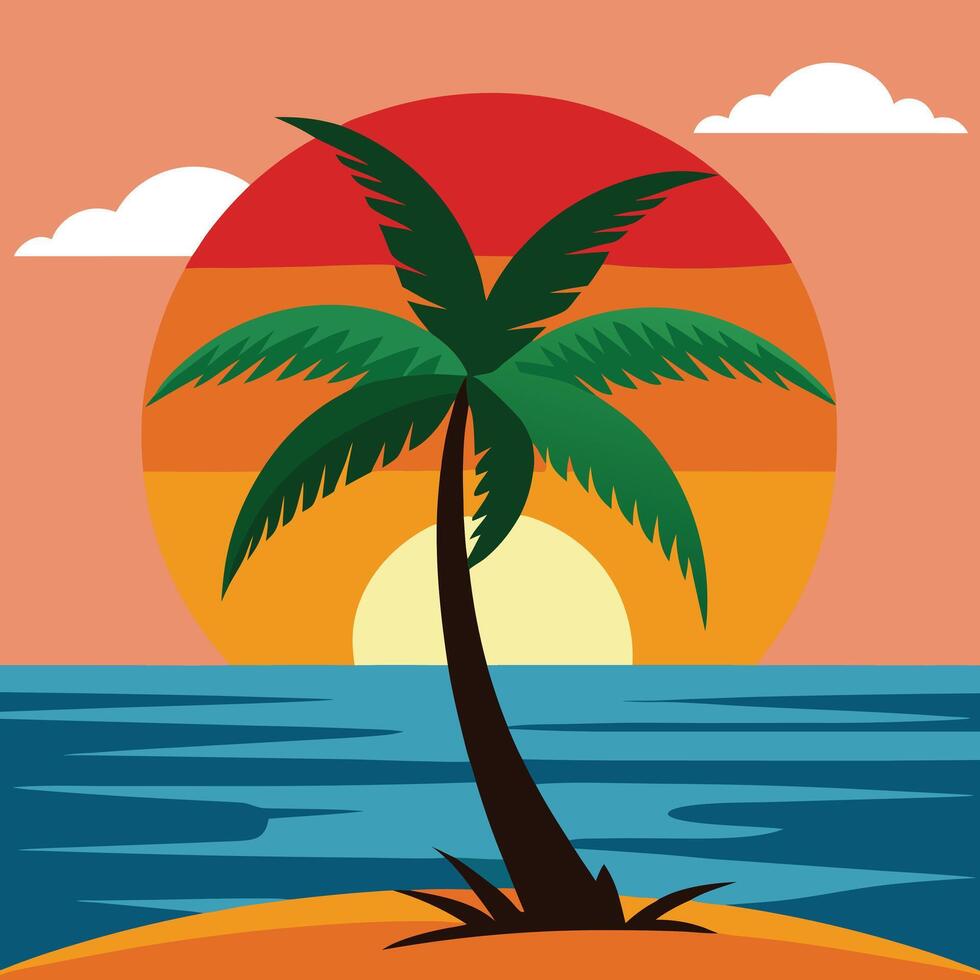 Illustration of a background for Summer Holidays, with a palm tree and a sunset vector