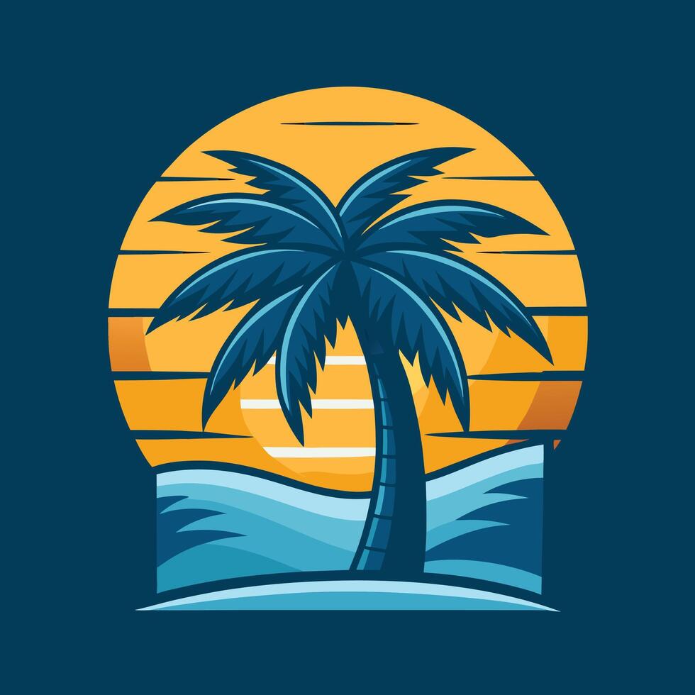 Palm tree with wave and sunset illustration vector