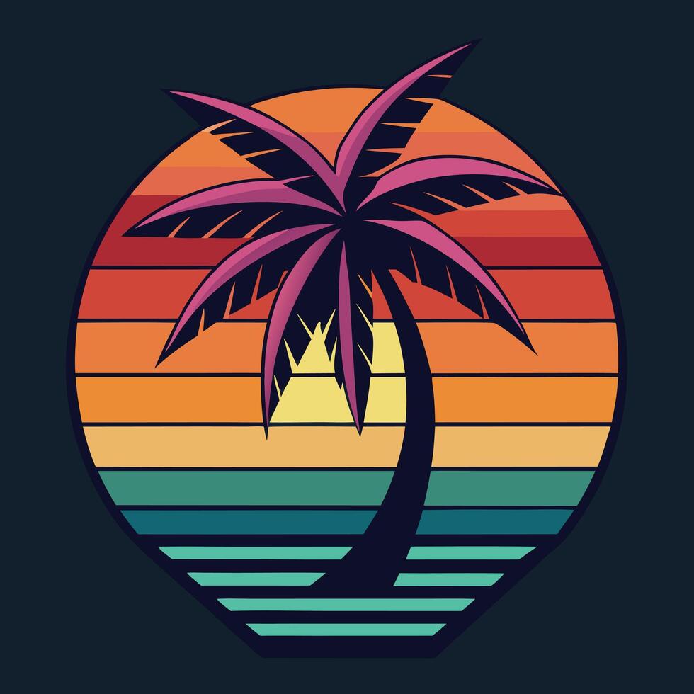 Sea beach sunset with coconut tree black silhouette design. vector