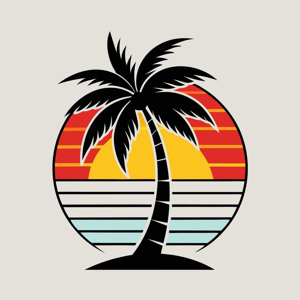 island sunset with palm tree illustration vector