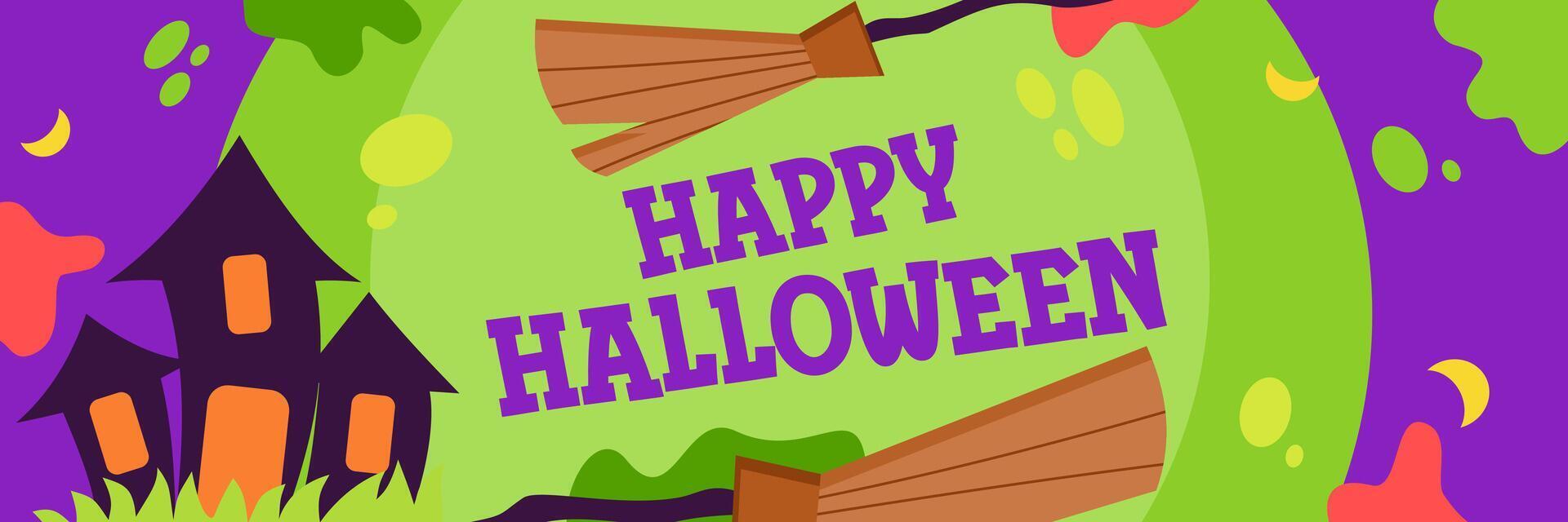 Happy Halloween greeting banner, card or party invitation with Holiday calligraphy, witch broom and castle on purple background. vector