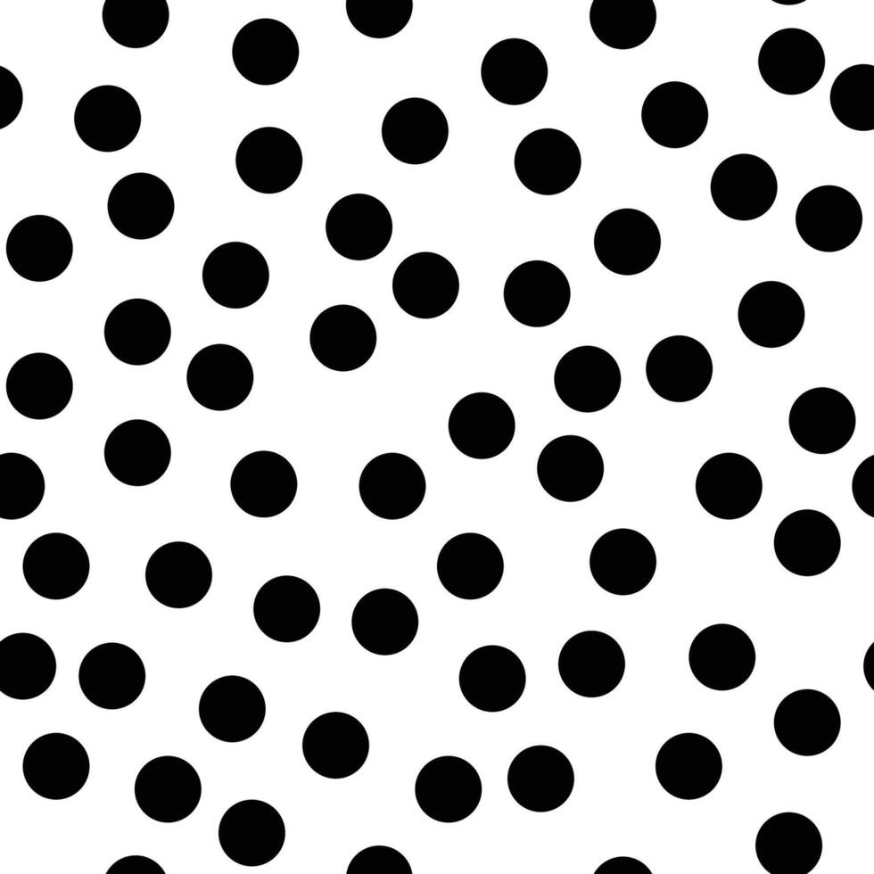 Black and white seamless polka dot pattern with chaotic distribution. Irregular texture, monochrome circular holes grid background vector