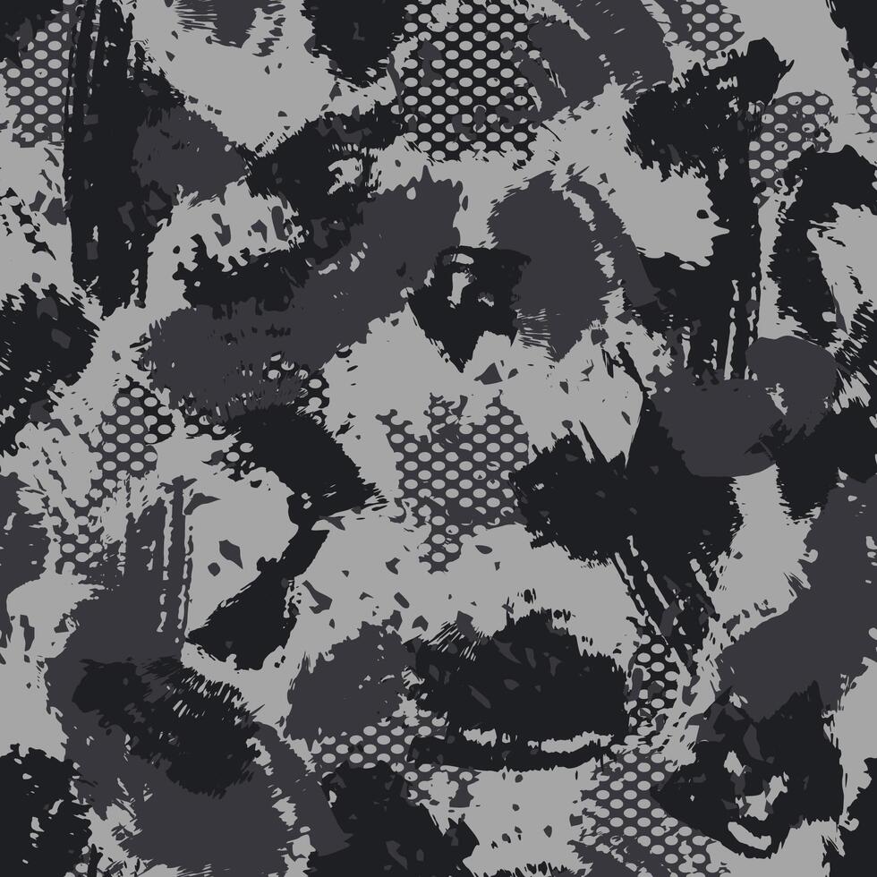 Urban dirty camouflage, modern fashion design. Camo military protective. Army uniform. Grunge pattern with grid. Black monochrome, fashionable, fabric. Seamless texture. vector
