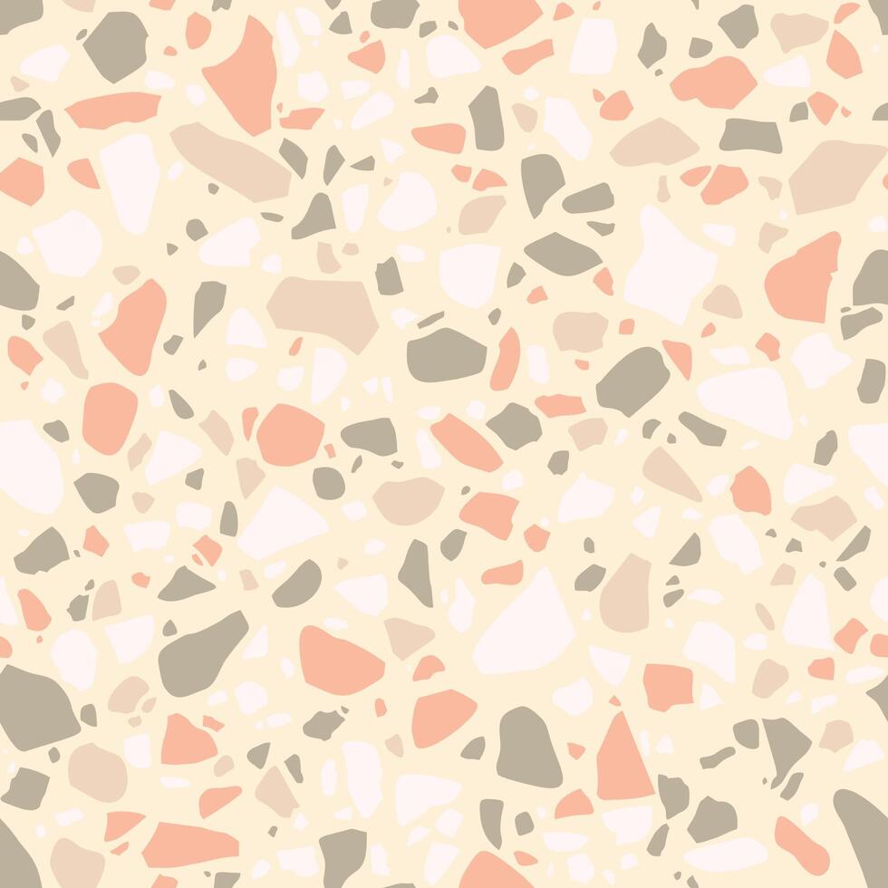 Textured floors decor. Terrazzo made by combining chips of marble chips, natural stone, quartz, glass and broken tiles. Kitchen and bathtubs surfaces print. Seamless pattern in beige color vector