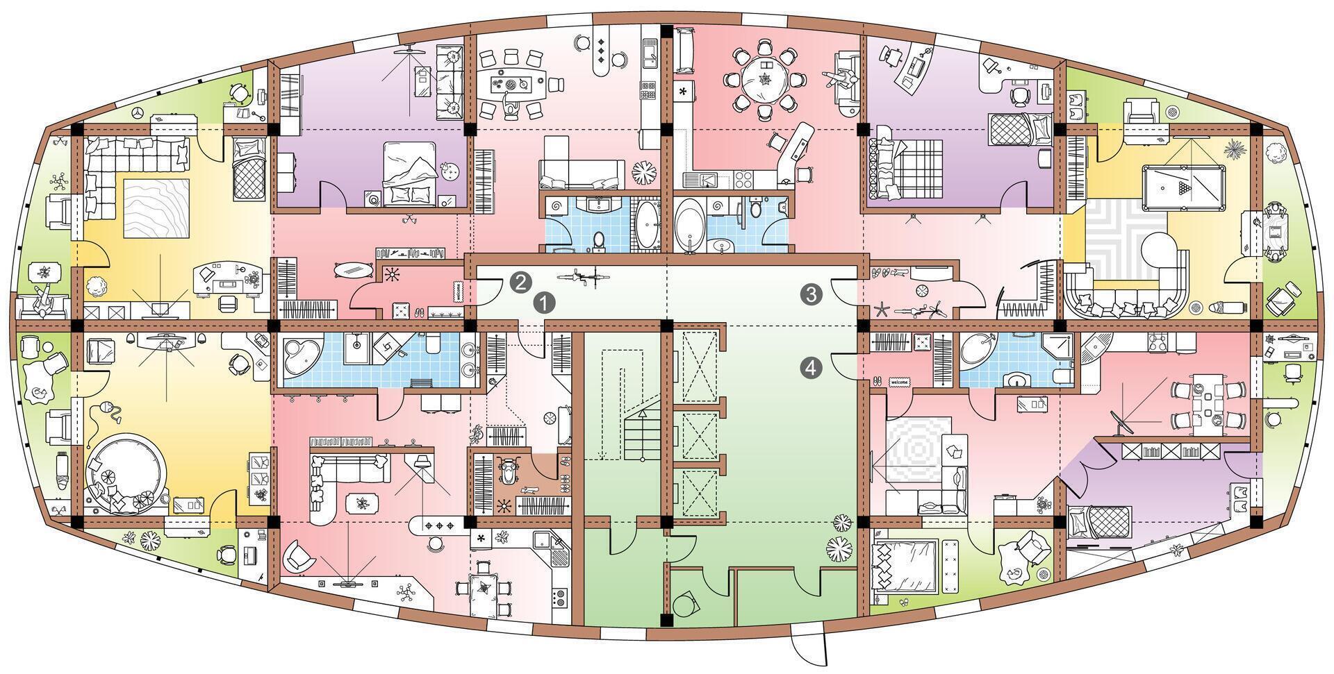 Typical floor plan in top view. Standard set of furniture icons for apartment arrangement. Architectural plans. House planning, living room, kitchen, bathroom and bedroom view from above vector