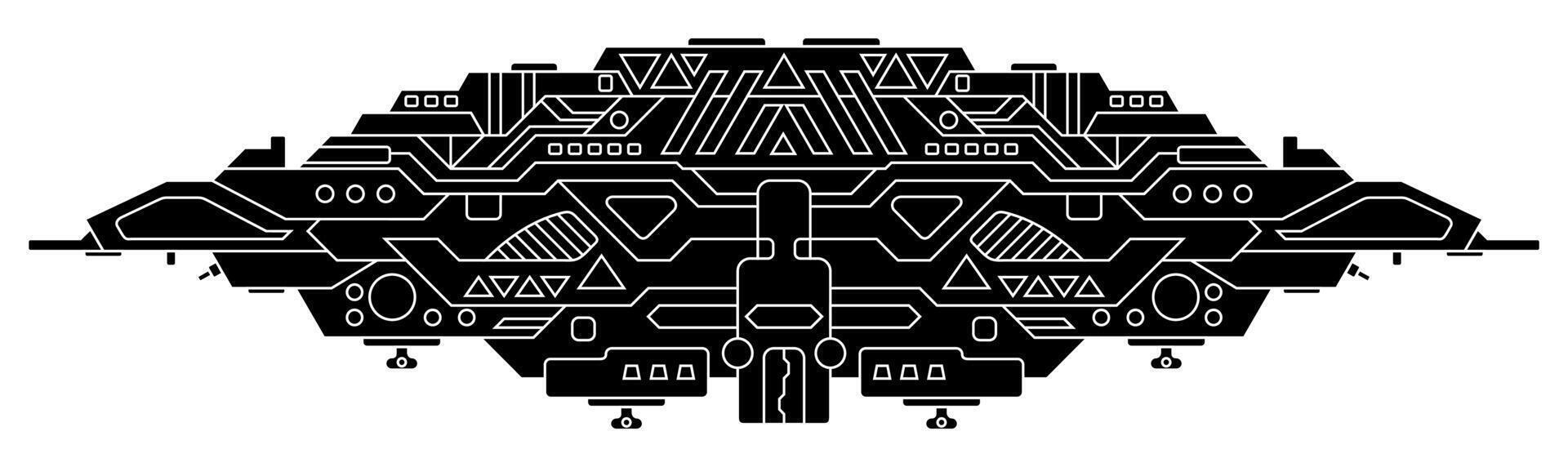 Futuristic outer space battle starship. UFO unidentified flying object aliens. Detailed illustration vector