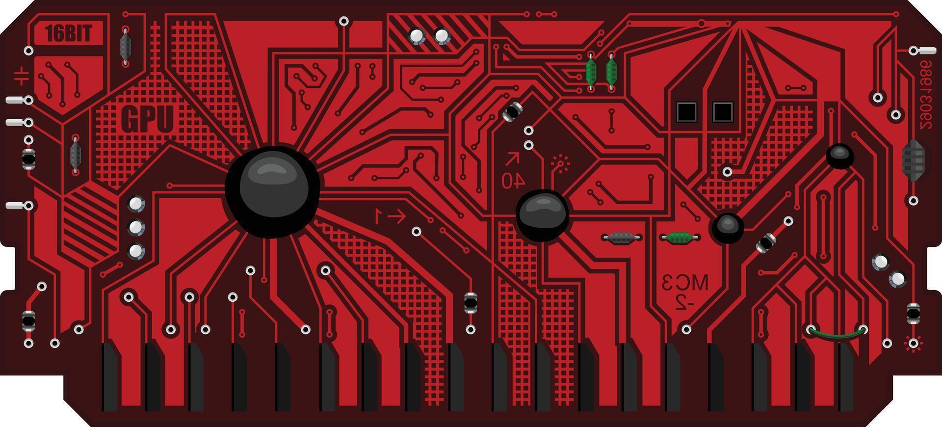 The computing module circuit board. Red graphics card. Printed computer motherboard with microcircuit. Electronic background vector