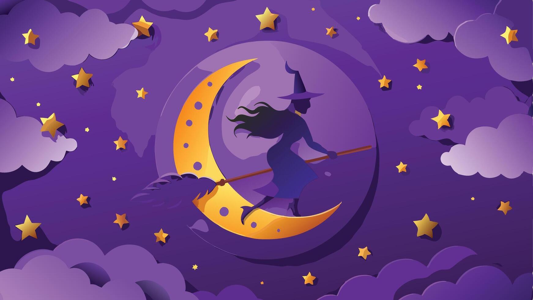 Print Flying Witch Silhouette against a Starry Night Halloween Background Illustration vector