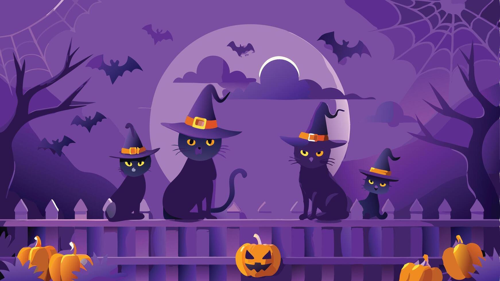 Print Black Cats on a Witchs Fence Halloween Background Illustration with Spooky Scene and Mysterious Night Atmosphere vector