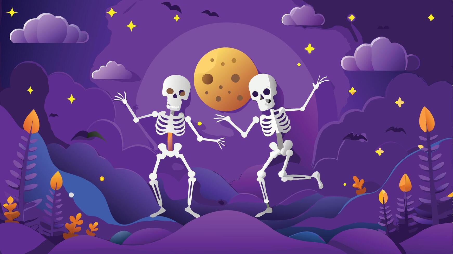Print Grinning Skeletons Dancing in the Moonlight for a Spooky Halloween Background Art vector