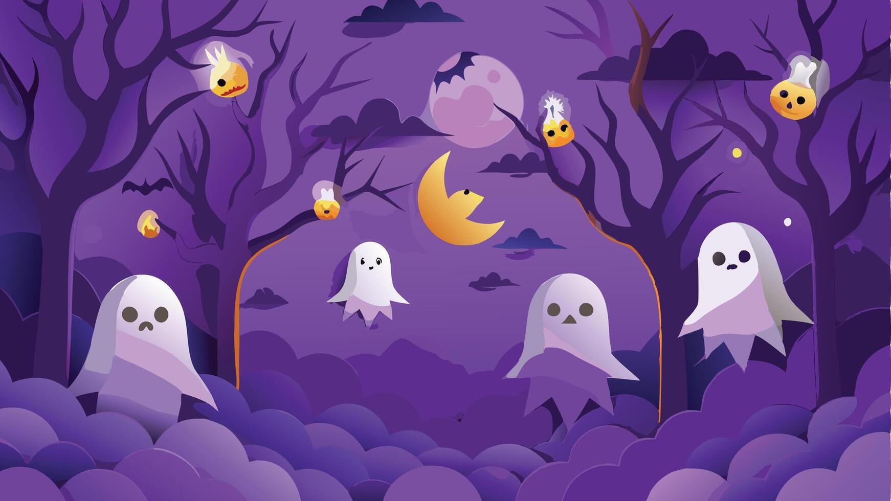 Print Ghosts Floating in a Mysterious Forest Halloween Background Illustration vector