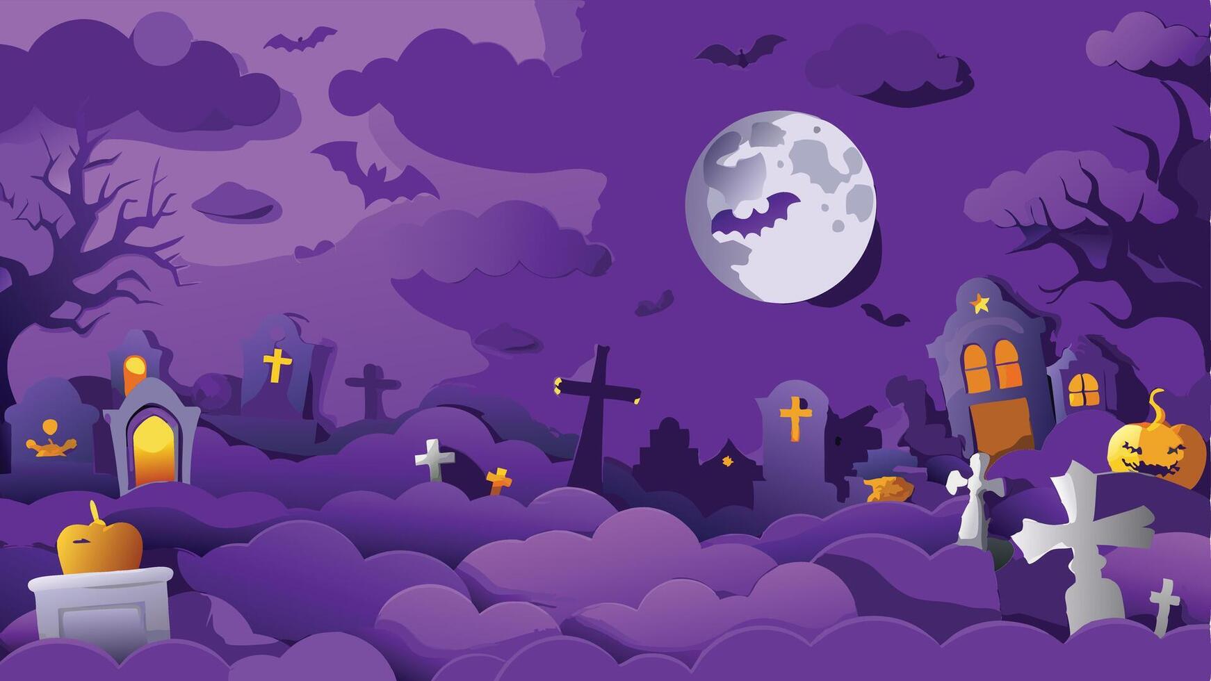 Print Spooky Graveyard with Tombstones and Fog Halloween Background Illustration in Eerie Dark Atmosphere vector