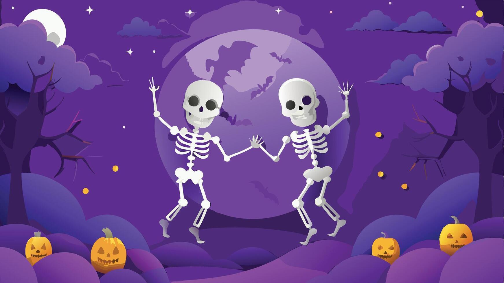 Print Grinning Skeletons Dancing in the Moonlight Halloween Background Illustration in Spooky Night Scene vector