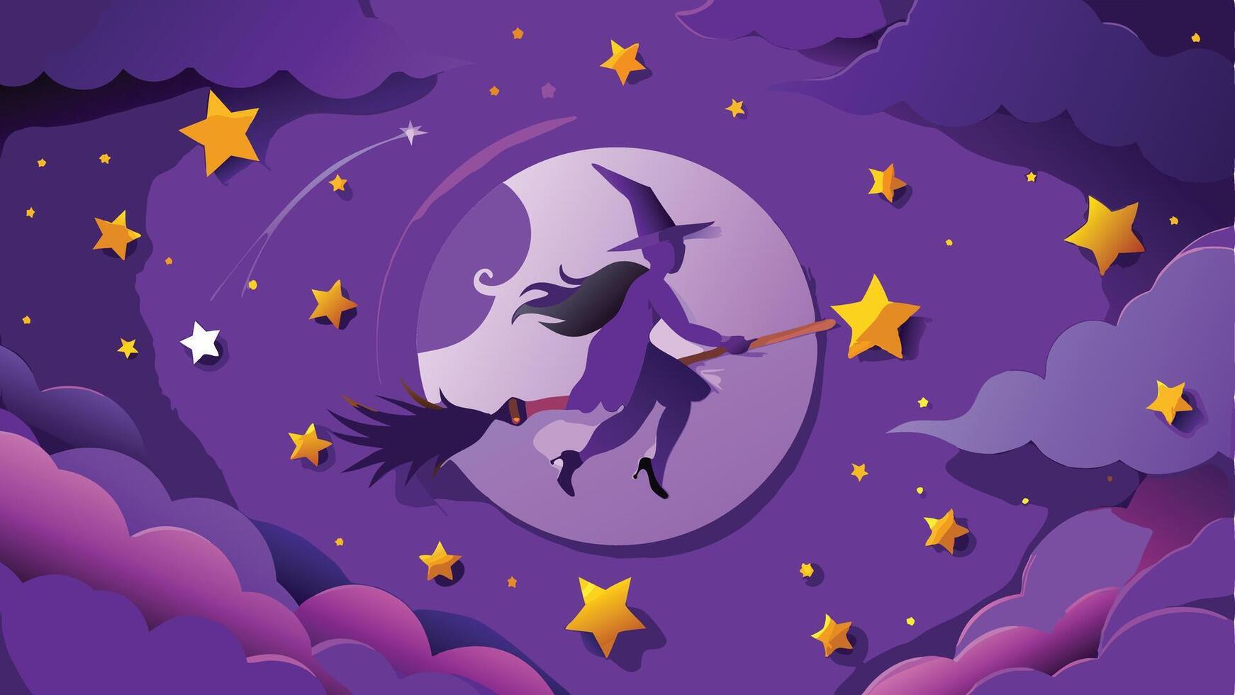 Print Flying Witch Silhouette Against a Starry Night Halloween Background Illustration vector
