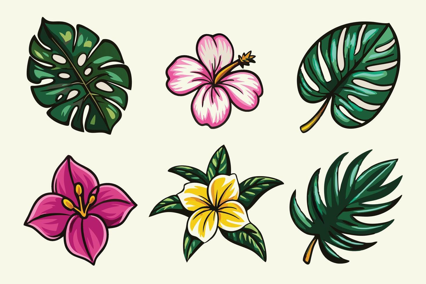 Tropical flowers and leaves set of illustration vector