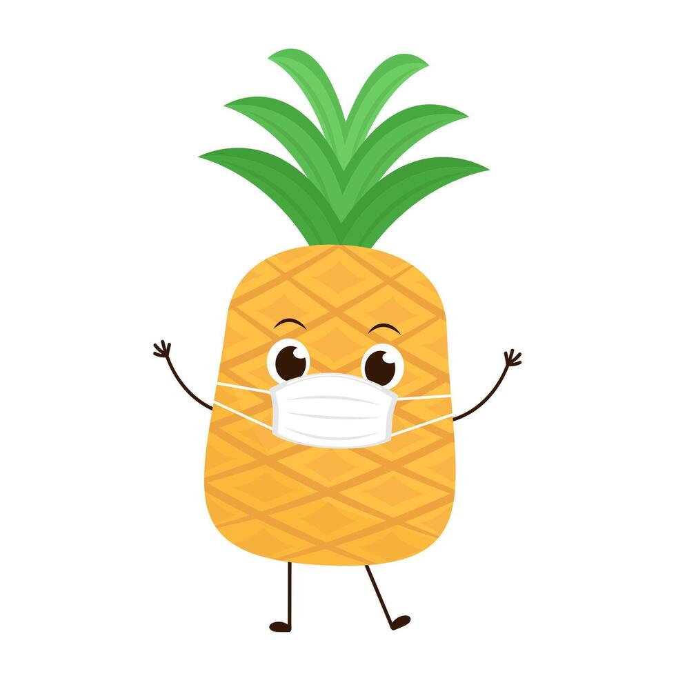 Pineapple character design. Pineapple on white background. Pineapple cartoon wearing a mask. vector
