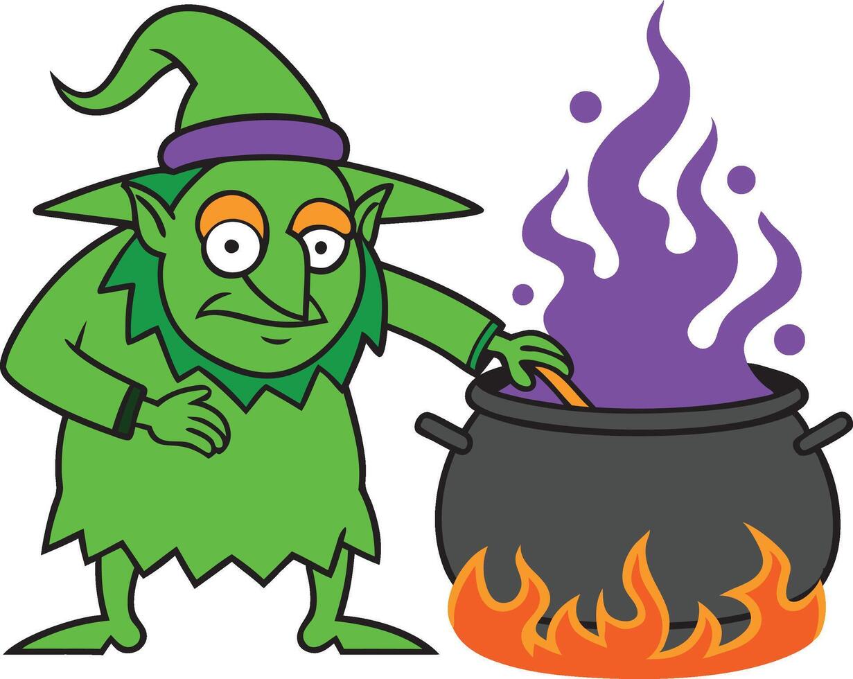 Halloween scary witch cooking cauldront illustration on white background. vector