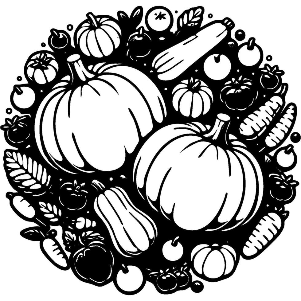 Pumpkins fruits and vegetables top view in monochrome. Simple minimalistic in black ink drawing on white background vector