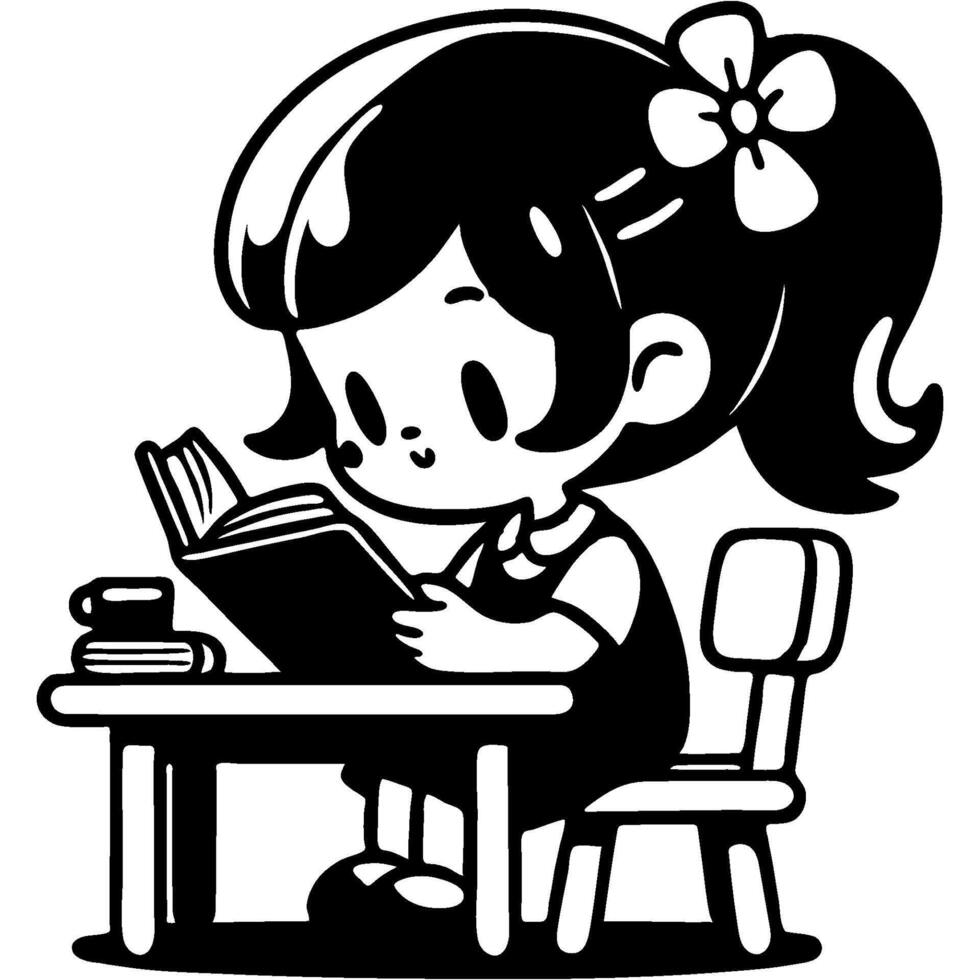 Primary school girl reading a book preparing for lessons in monochrome. Simple minimalistic in black ink drawing on white background vector