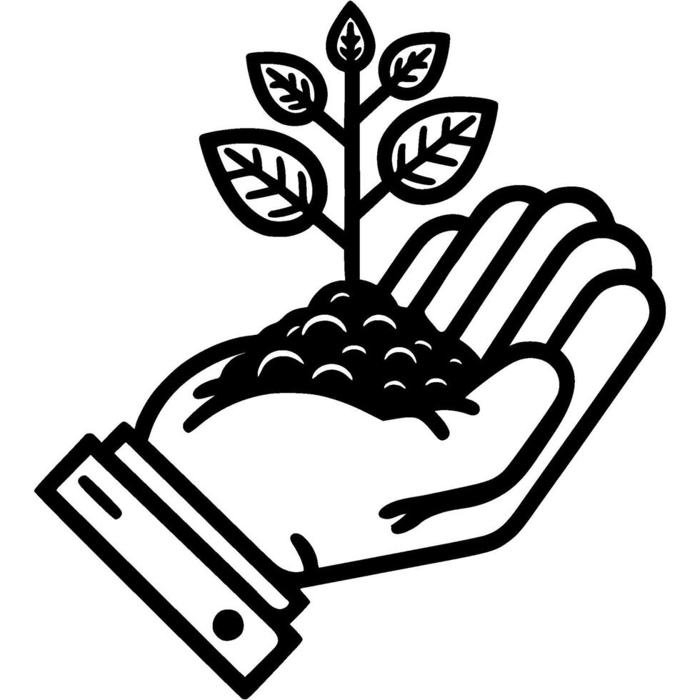 Caring hand of a volunteer holds a tree sprout in monochrome. Simple minimalistic in black ink drawing on white background vector
