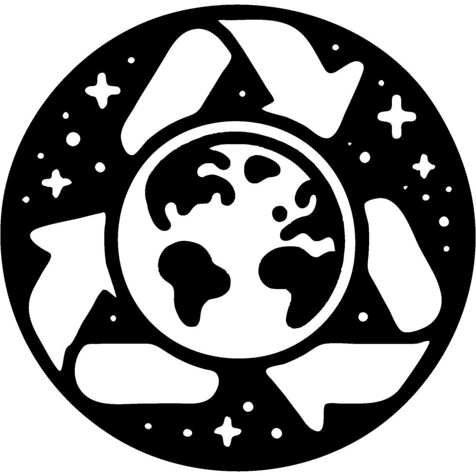 Recycling sign sticker around planet earth in monochrome. Simple minimalistic in black ink drawing on white background vector