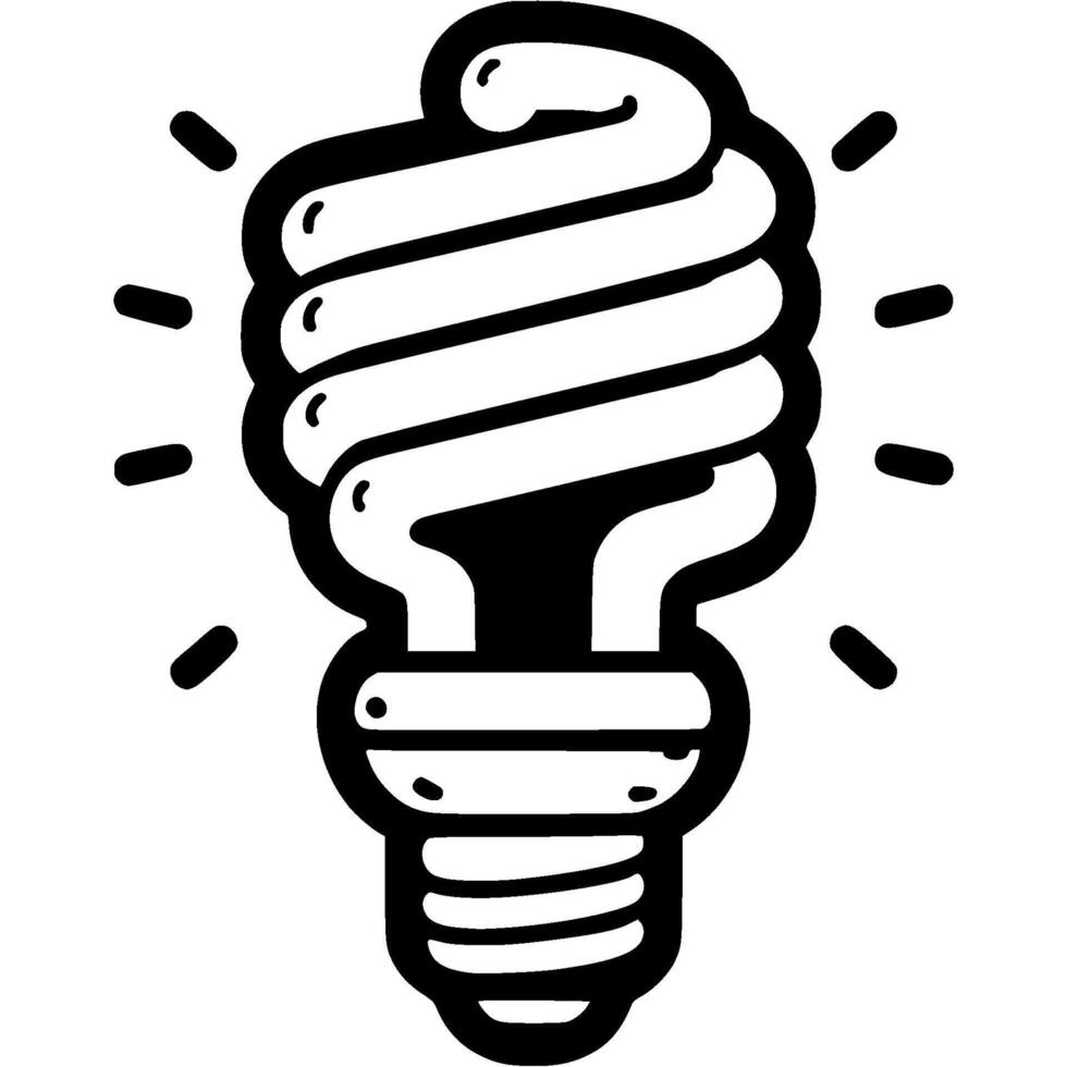 Spiral fluorescent light bulb in monochrome. Simple minimalistic in black ink drawing on white background vector
