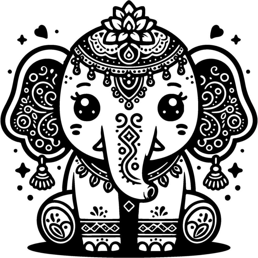 Seated baby elephant decorated with Indian ornaments and flowers in monochrome. Simple minimalistic in black ink drawing on white background vector