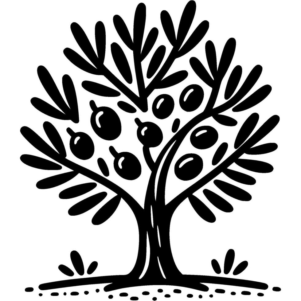 Olive tree with berries ready for harvest in monochrome. Simple minimalistic in black ink drawing on white background vector