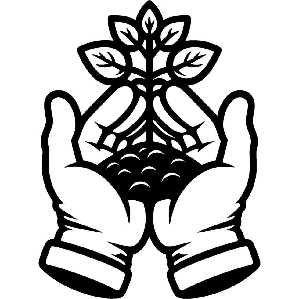 Caring hands of a volunteer hold pile of earth with a tree sprout in monochrome. Simple minimalistic in black ink drawing on white background vector