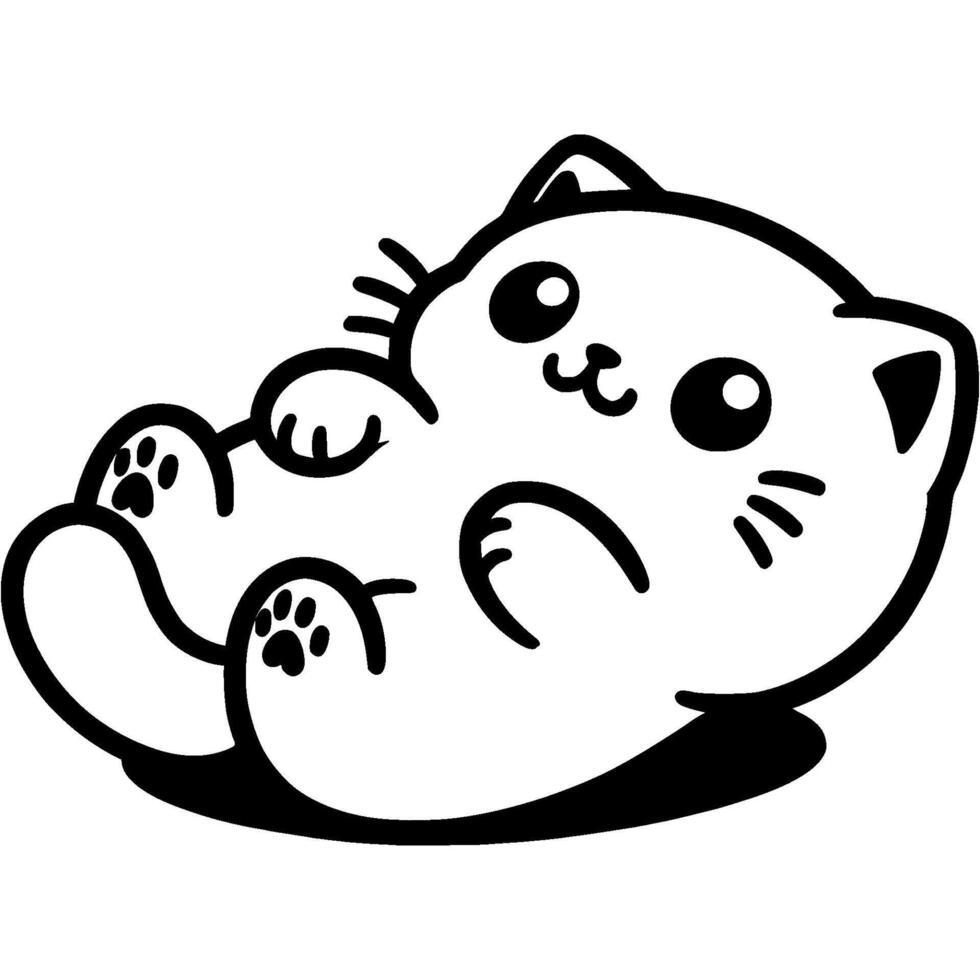 White kitten lies on its back with its belly up in monochrome. Simple minimalistic in black ink drawing on white background vector