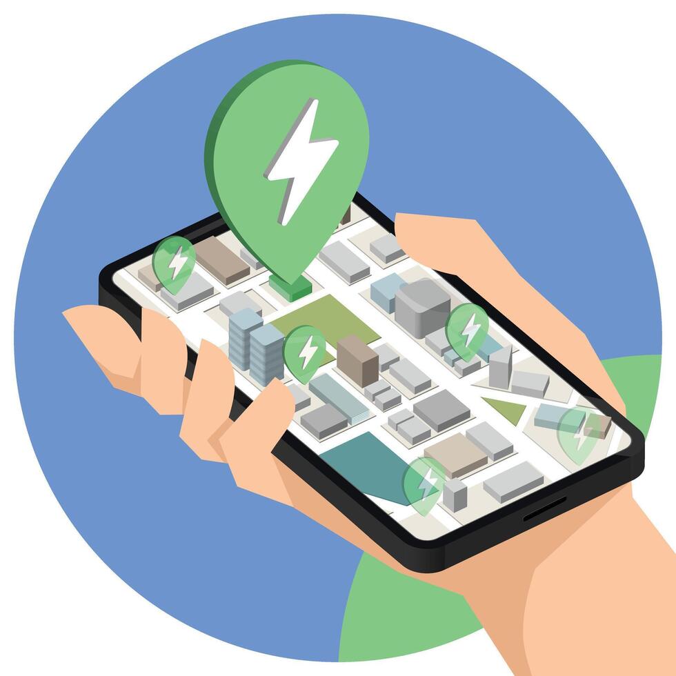 Hand hold City map in a mobile phone with an application to search for electric vehicles charging stations. illustration flat style. vector
