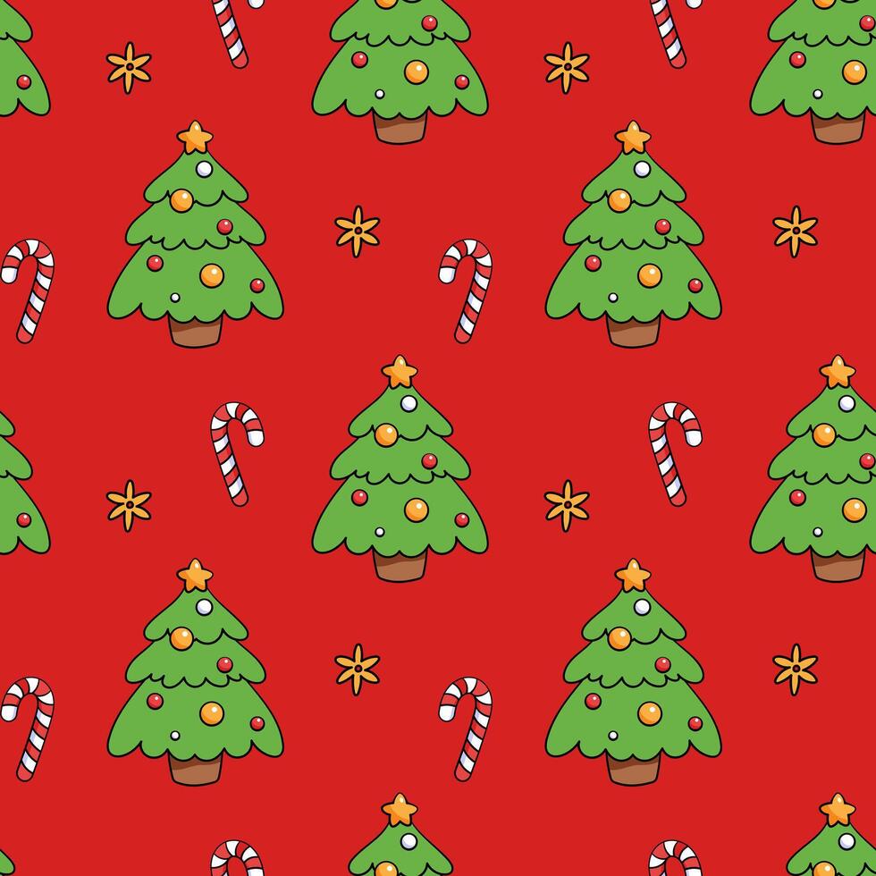 Seamless pattern of elements. Christmas tree, stars, candy cane. Merry Christmas and Happy New Year. Repeat print for fabric, wrapping paper, textiles vector