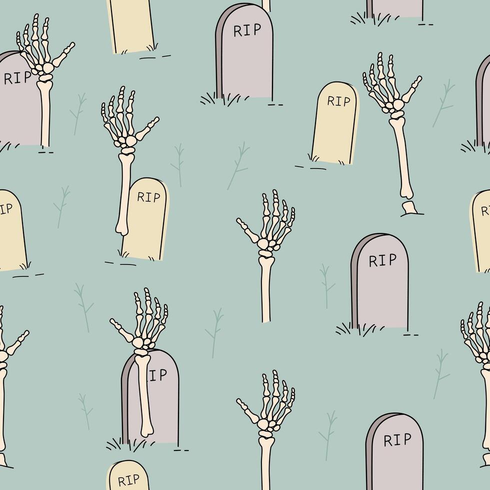 a seamless pattern with skeletons and tombstones vector