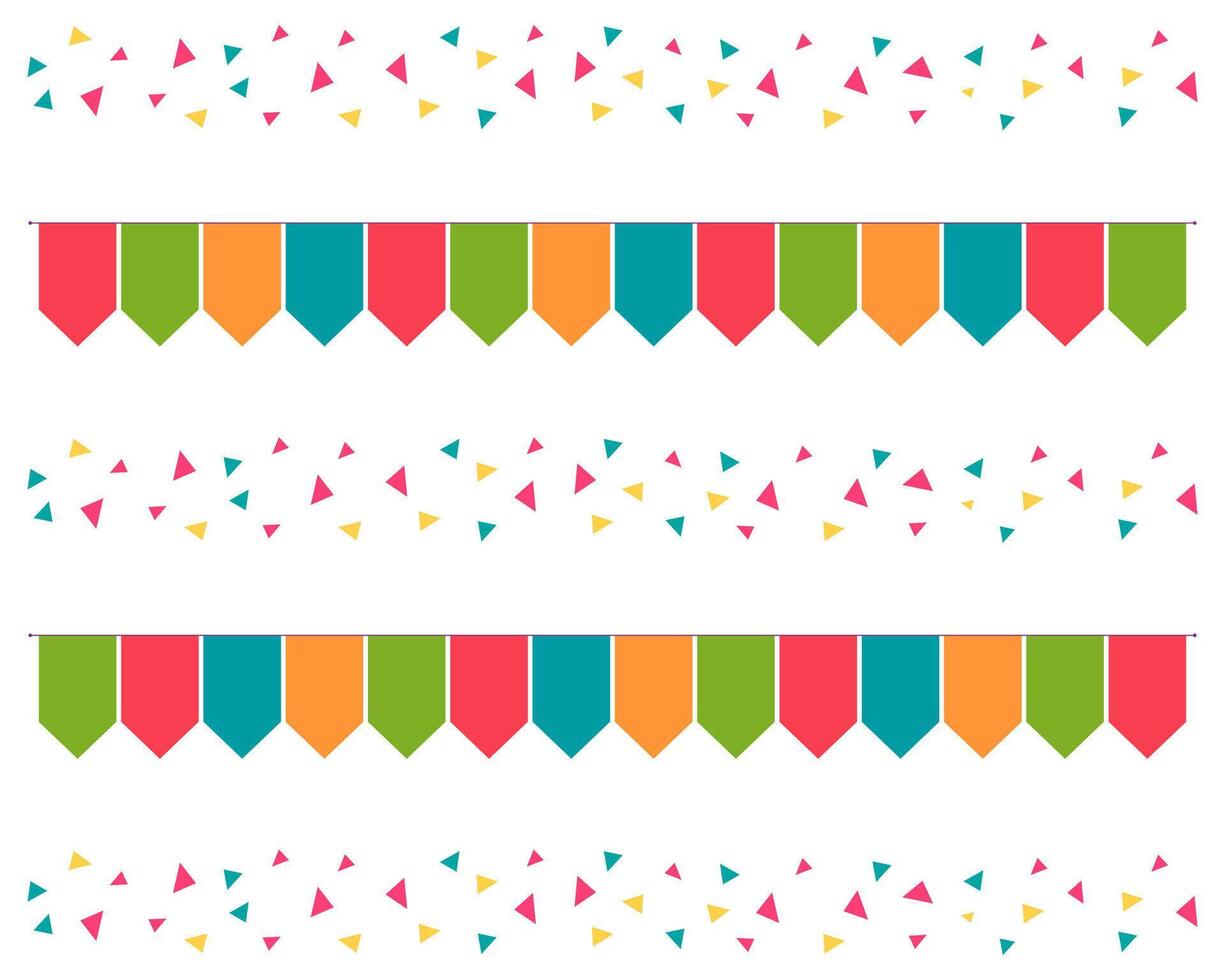 Flat illustration of festive flag garlands with confetti isolated on white background. vector